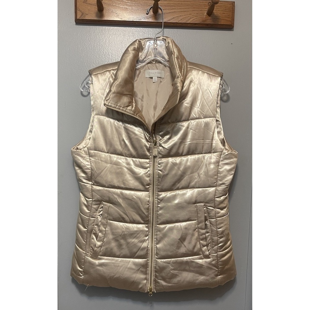 Talbots Metallic Gold Quilted Puffer Vest Full Zip With Pockets Women's Small